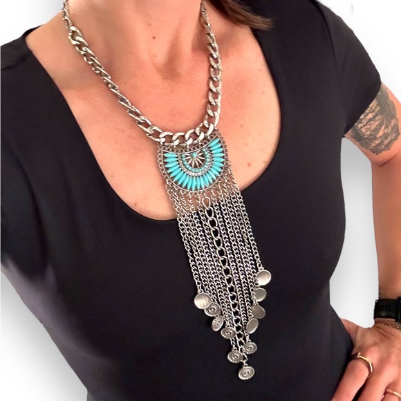 Southwestern Bohemian Bib Statement Necklace Faux Turquoise and Silver-Tone - Picture 2 of 10